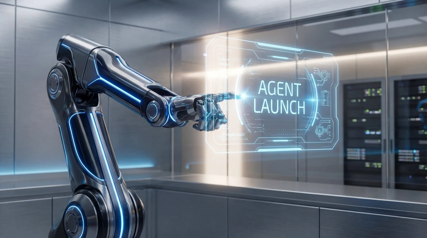 Launch illustration of a robotic arm activating an Agent Launch display.
