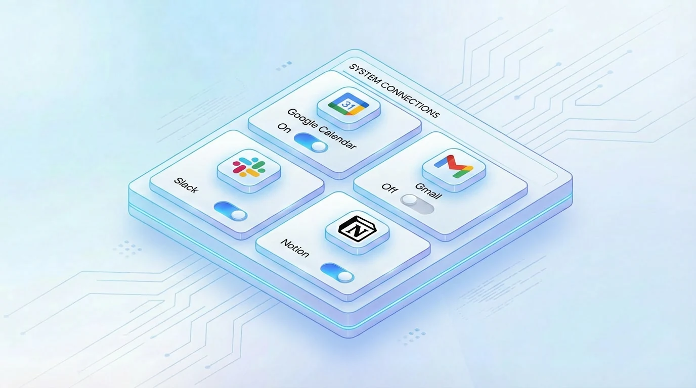 Illustration of connected services with independent on/off toggles.