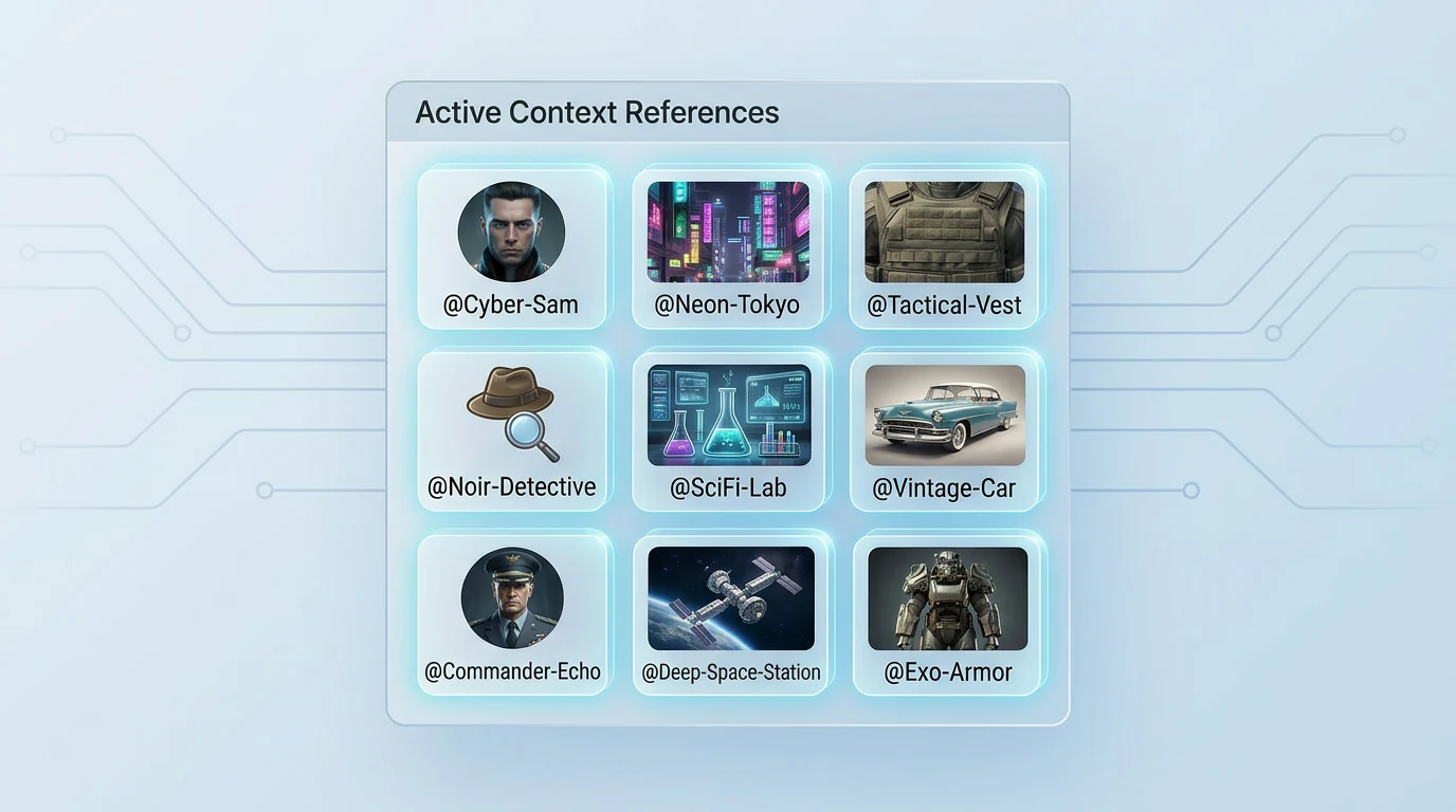 Illustrated reference library with named characters, locations, objects, and visual assets.