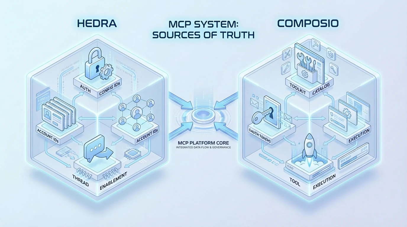 Illustrated separation of Hedra’s connection and thread state from Composio’s catalog, OAuth tokens, and tool execution.