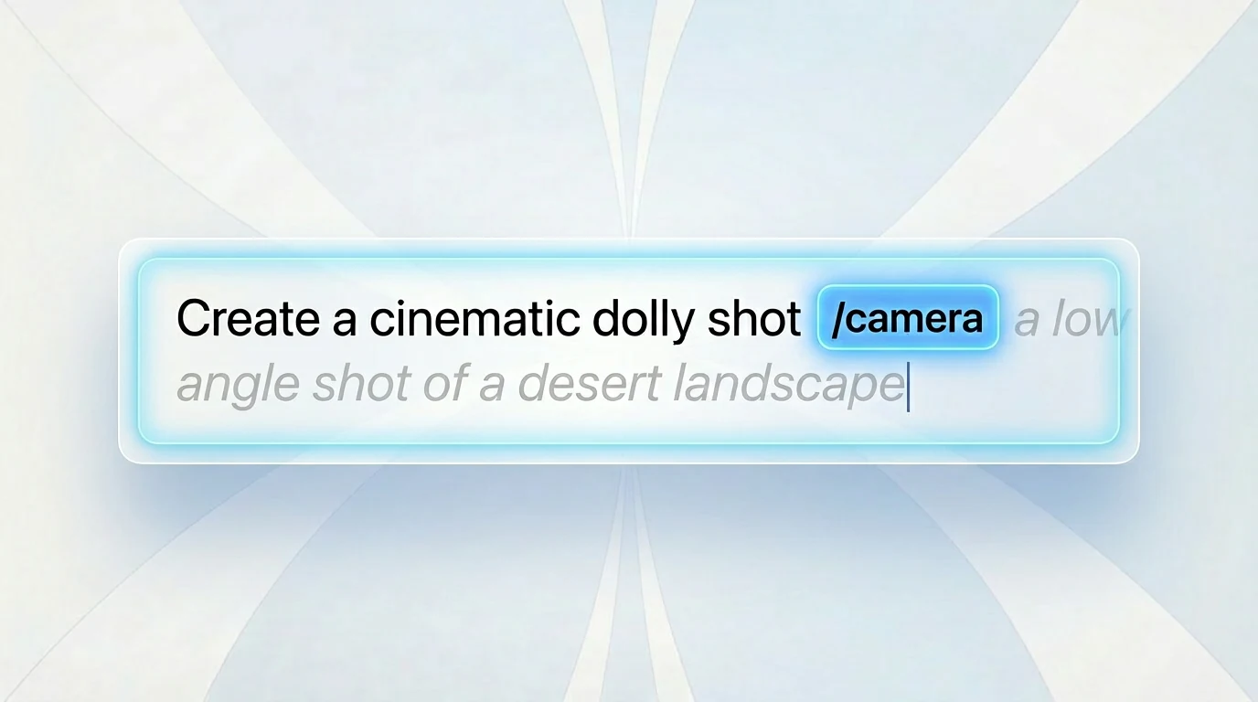 Illustration of a /camera skill badge embedded in a prompt, followed by a task-specific camera request.