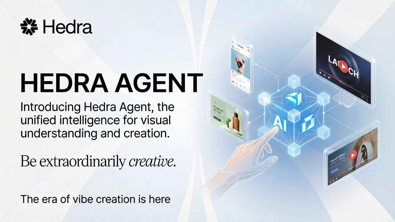 Hedra Agent launch illustration: unified visual understanding and creation across media.